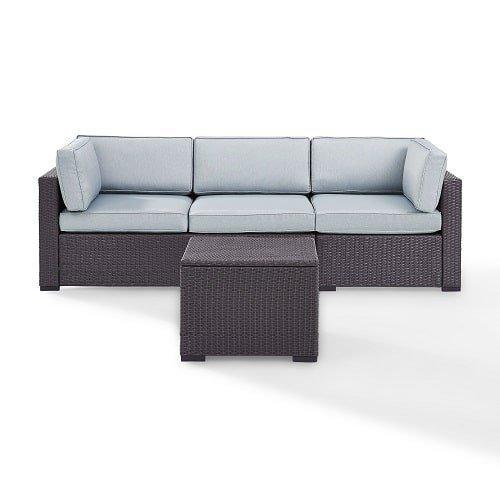 Crosley  Biscayne 3 Person Wicker Set with White Cushions  Loveseat Corner Chair and Coffee Table