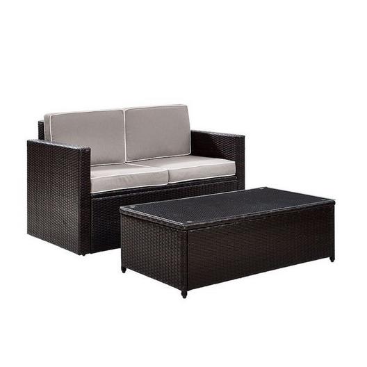 Crosley  Crosley KO70002BR-GY Palm Harbor 2-Piece Wicker Set and Gray Cushions with Loveseat and Glass-Top Table