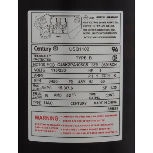 Century A.O Smith  USQ1102 Square Flange 1 HP Up-Rated 48Y Pool Filter Motor