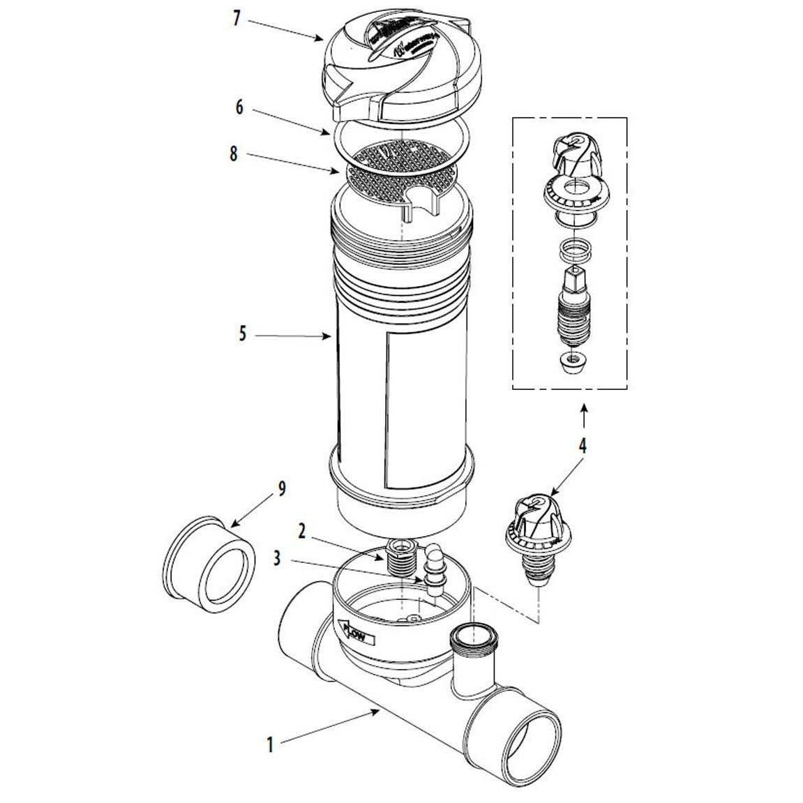 Waterway In-Line Chlorinator, New Style (2007 & Later) Part Schematic