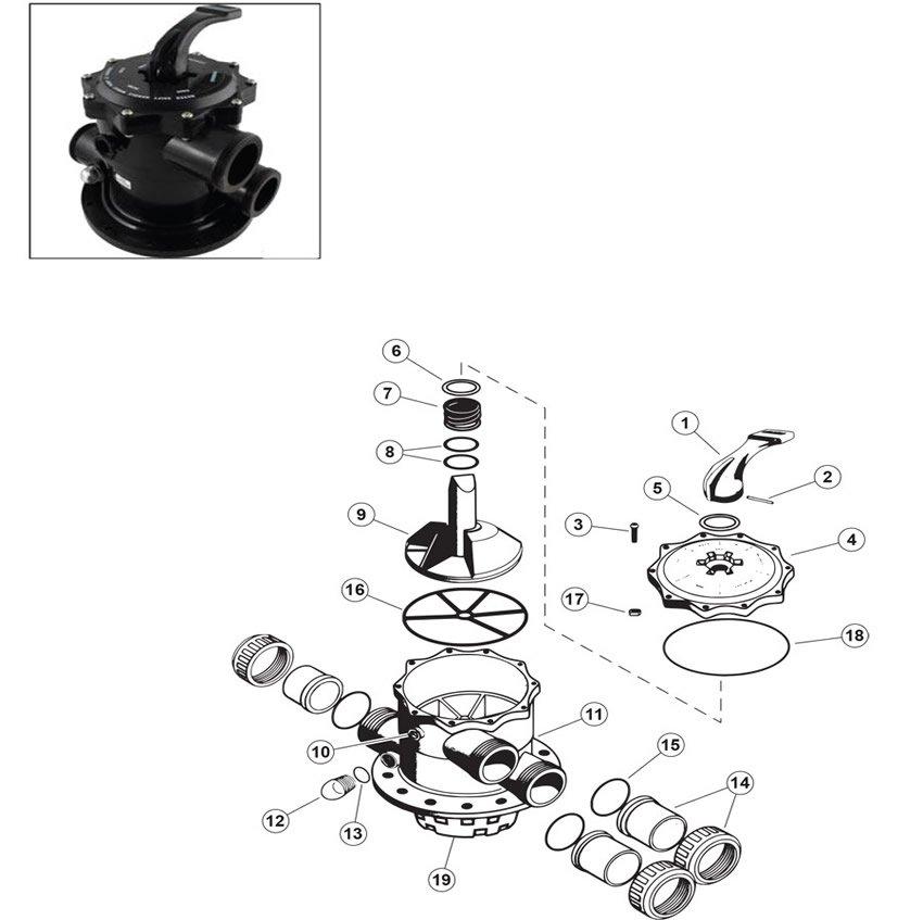 Waterco Multiport Backwash Valve 2" Multi-Port Top Mount: 6 Way Part Schematic