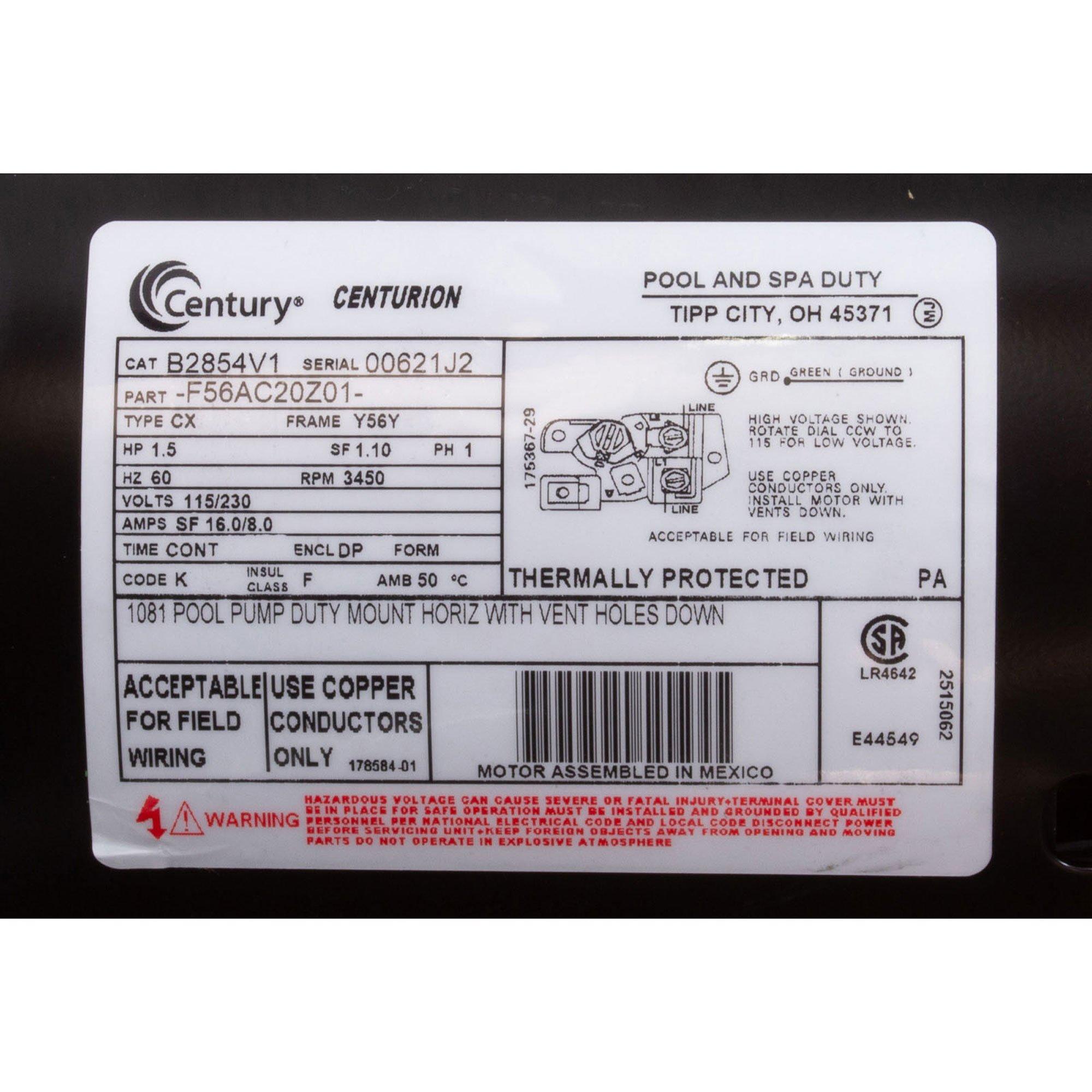 Century  B2854V1 Square Flange 56Y Single Speed 1.5 HP Up-Rated Pool Pump Motor 115/230V