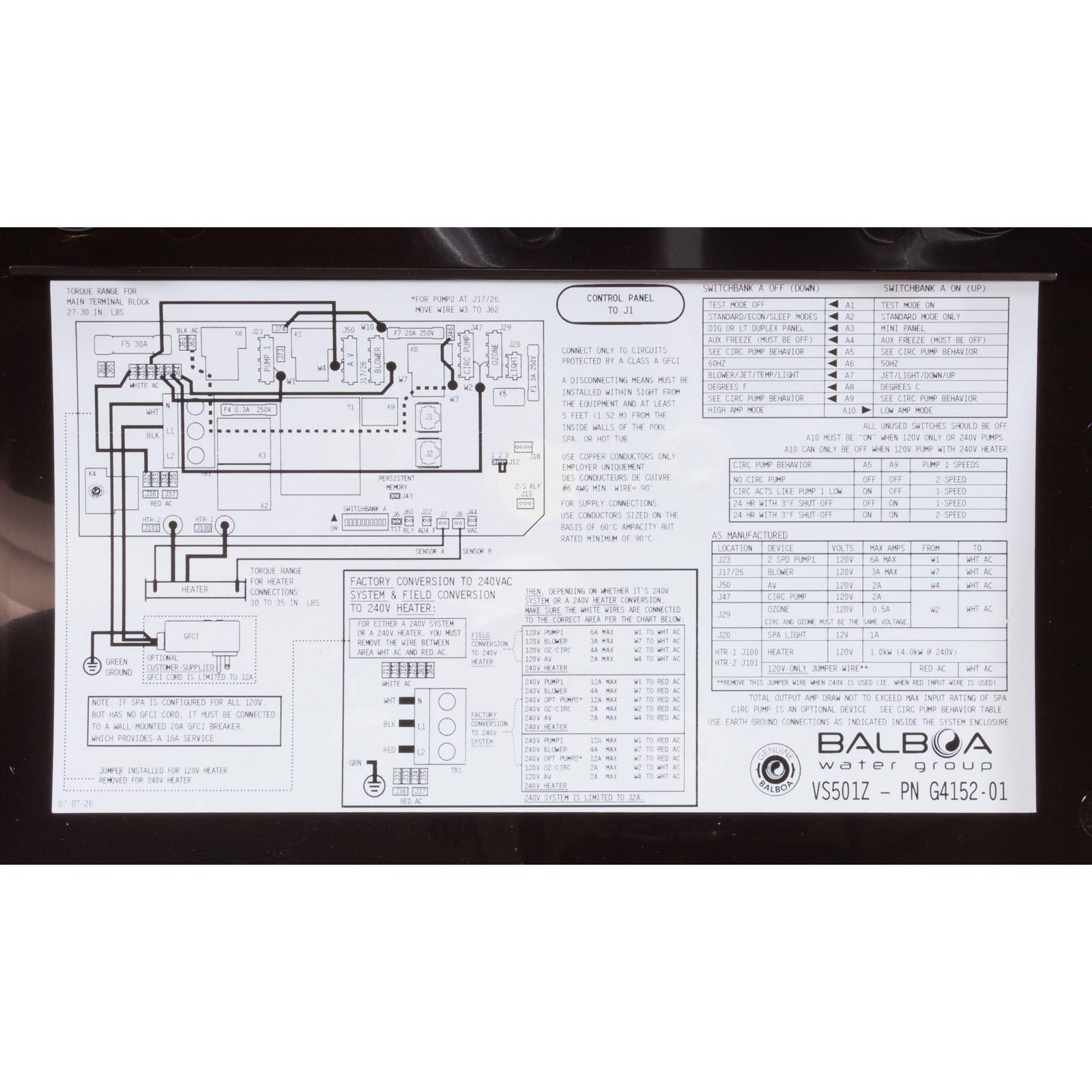 Balboa Control BWG VS501Z,P1 P2 1spd or Bl 4kW,115/230v,VL240