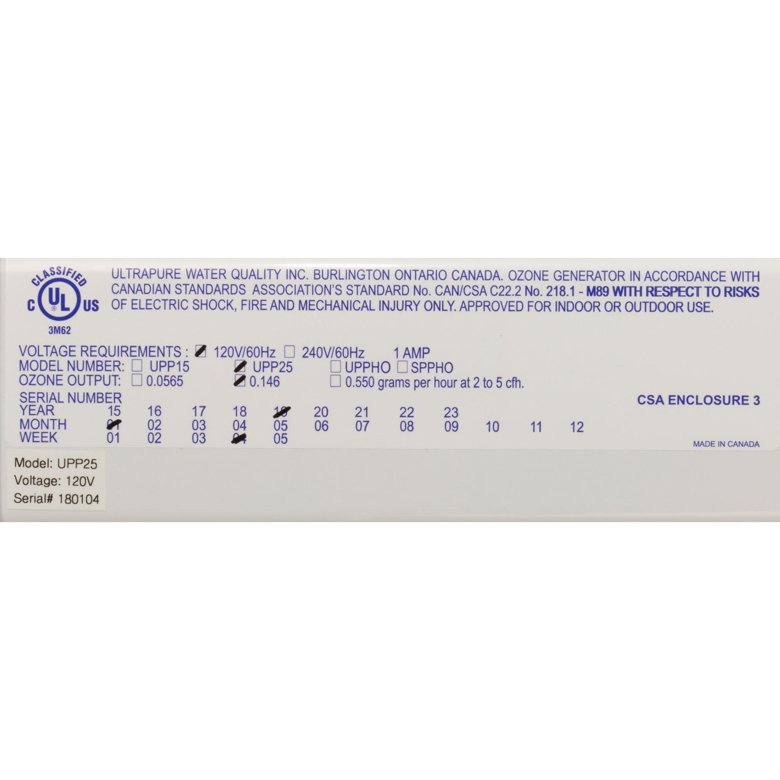 Ultra Pure Ozonator, Ultra-Pure UPP25, DFSSPP And ESABK, 115v, 25k Gal