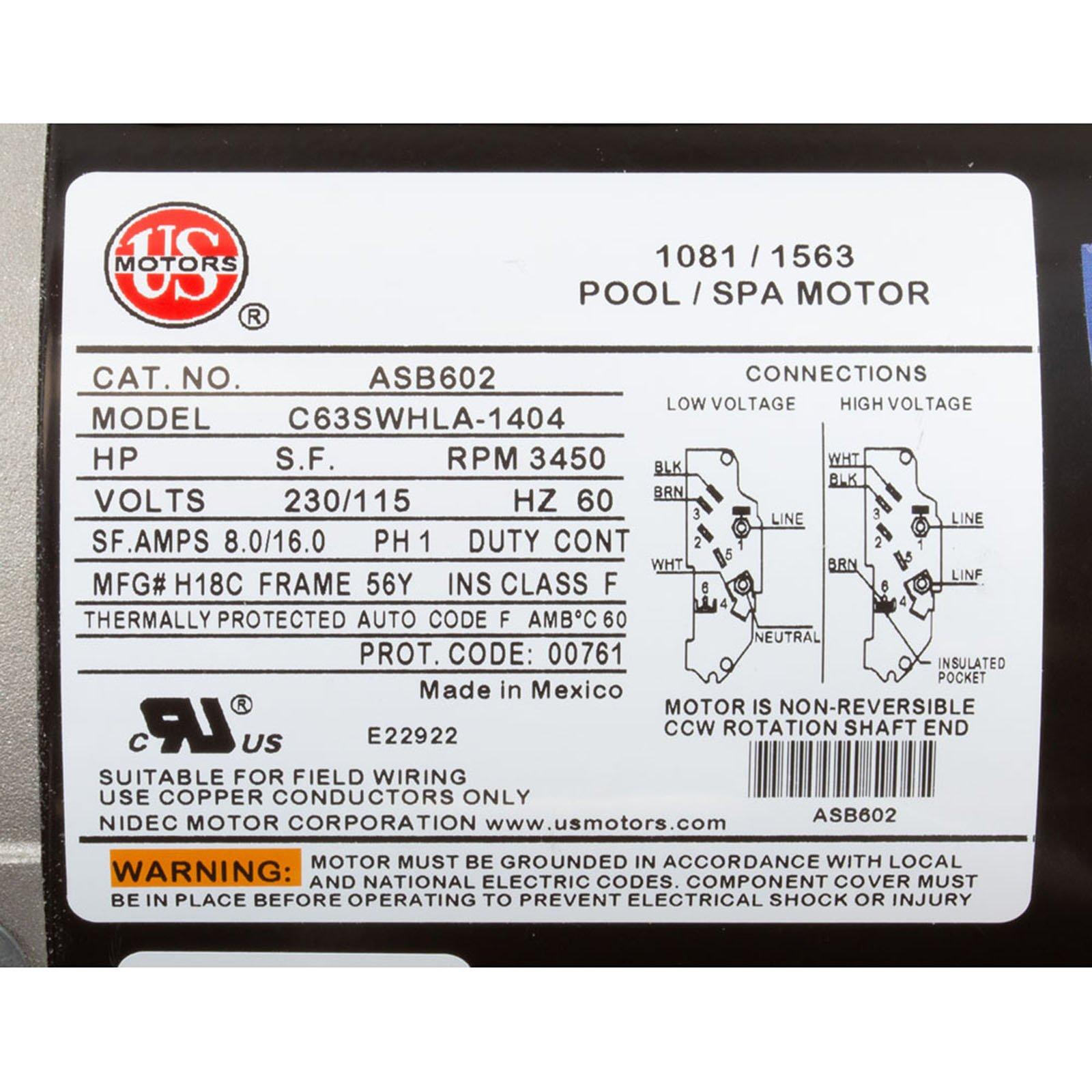 Nidec Motor ASB602 Motor, Nidec/US Motor, 1.5hp, 115v/230v, 1-Spd, 56Y Frame