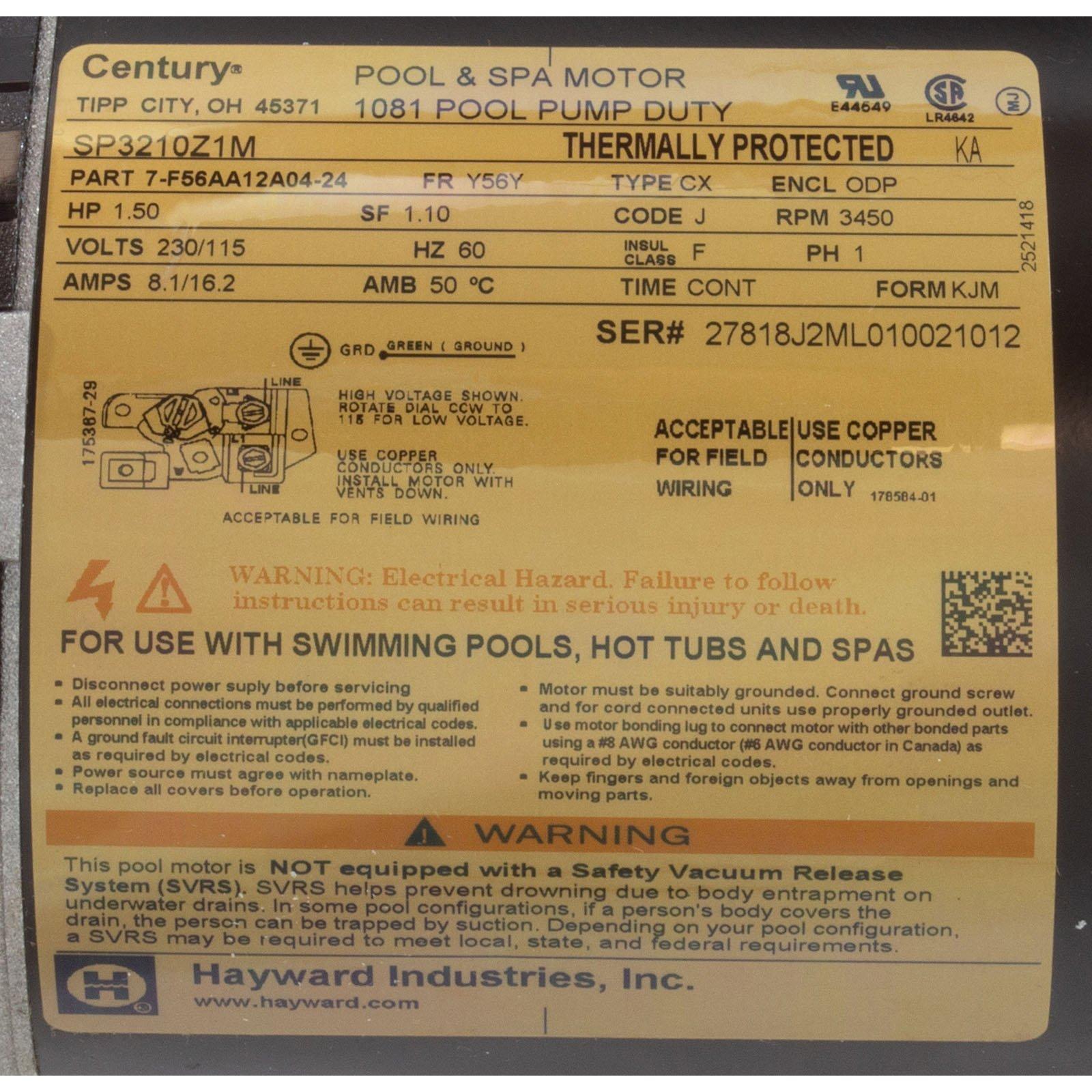 Hayward Motor, Hayward TriStar SP3200X,1.5hp,1-Spd,115v/230,Max Rate