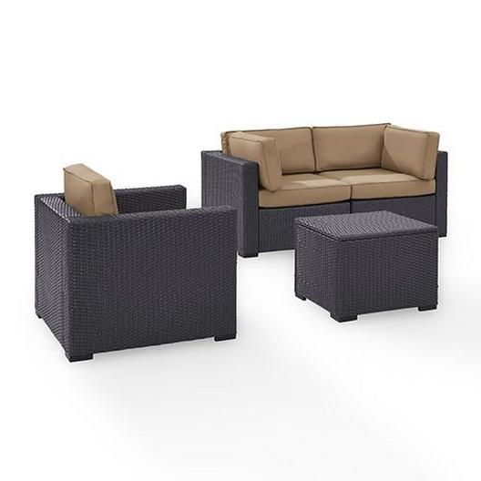 Crosley  Biscayne 4 Piece Wicker Set with Mist Cushions  Two Corner Chairs Arm Chair  Coffee Table