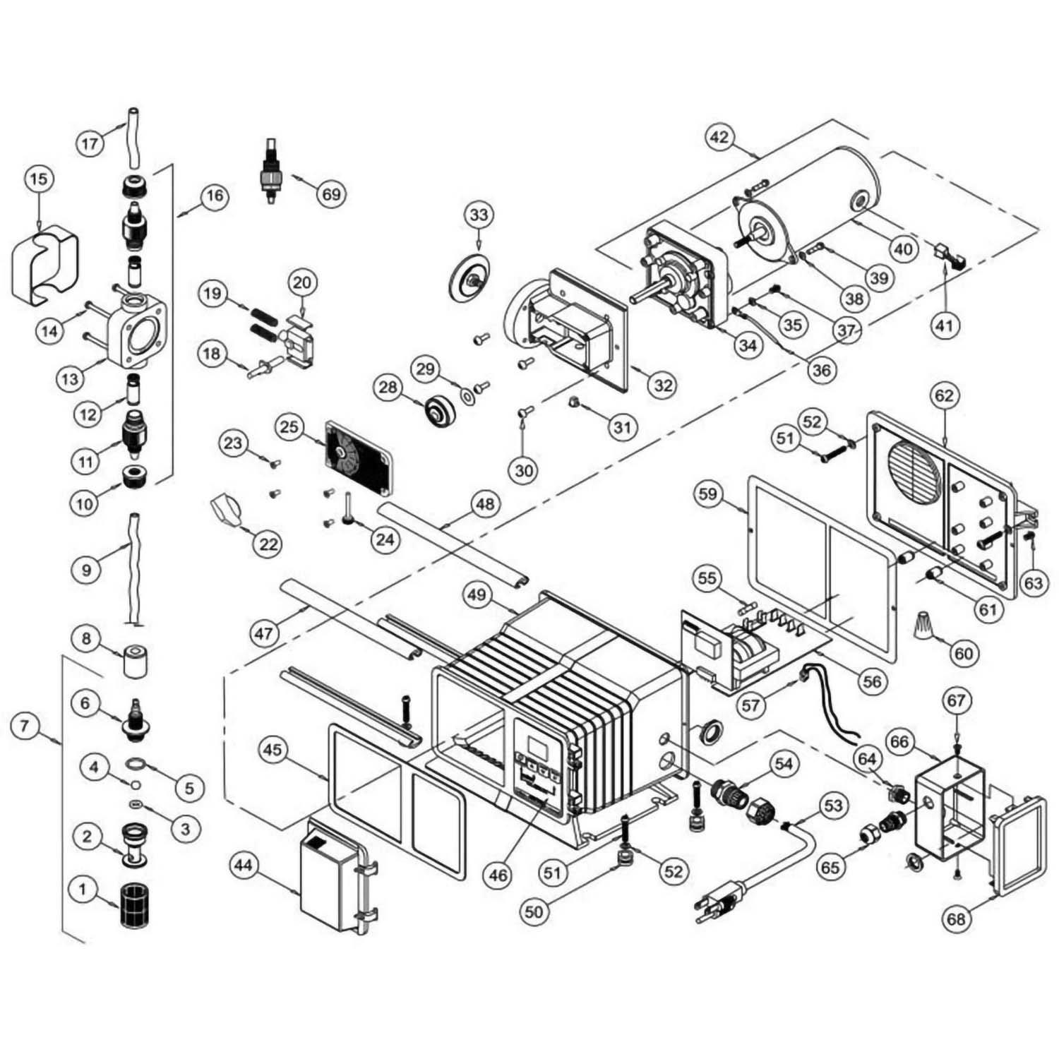 Blue-White C-1100 Series Diaphragm Pump Models: A, C, E, F, X Part Schematic