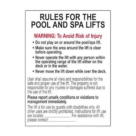 Pool Lift Rules Sign