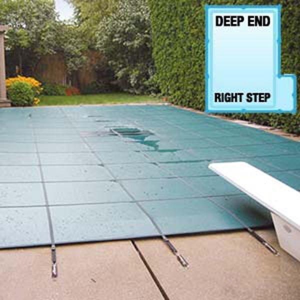 Aqua Master 16 x 32 Green Solid Safety Cover - Rectangle with Right Step