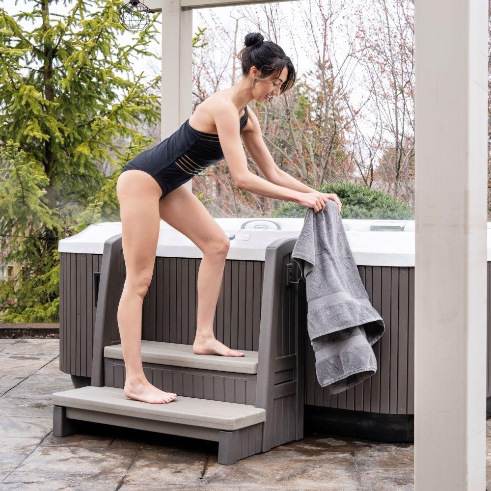 Step2  Hot Tub Storage Steps with Handrails (Dark Cedar)