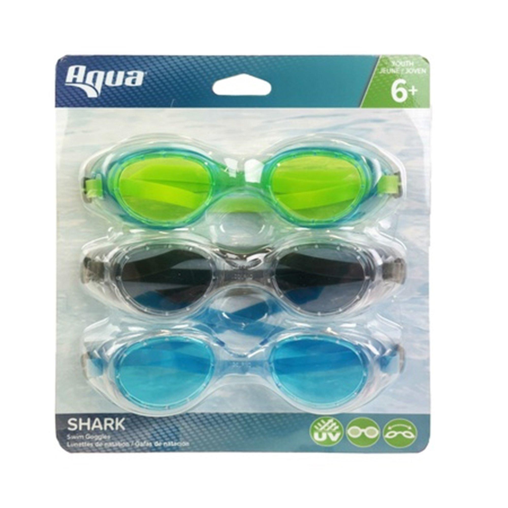 Shark Youth Swim Goggles - 3 Pack (Green and Yellow, Clear and Blue, & Gray)