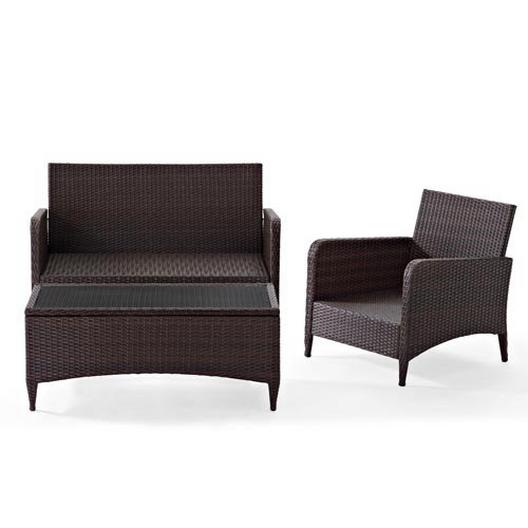 Crosley  Kiawah 3-Piece Wicker Conversation Set with Loveseat Arm Chair and Ottoman