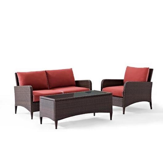 Crosley  Kiawah 3-Piece Wicker Conversation Set with Loveseat Arm Chair and Ottoman
