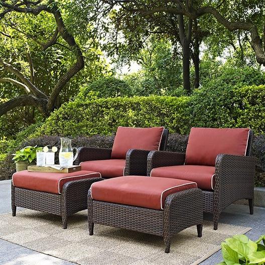 Crosley  Kiawah 4-Piece Wicker Set with Two Arm Chairs Two Ottomans and Sangria Cushions