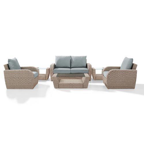 Crosley St Augustine 6 Piece Wicker Set And Mist Cushions With Loveseat Two Armchairs Two Side Tables And Coffee Table