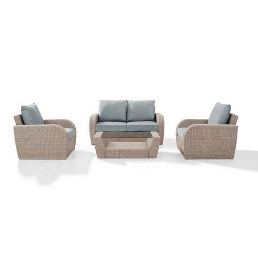 Crosley  St Augustine 4-Piece Wicker Set and Mist Cushions with Loveseat Two Armchairs and Coffee Table