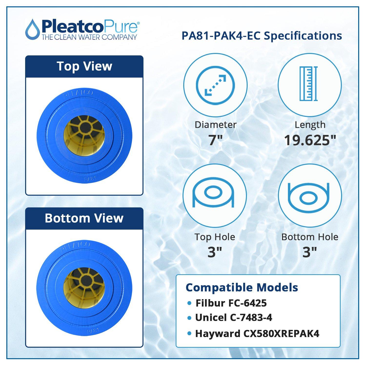 Pleatco  PA81-PAK4-EC Pool Filter Cartridge Replacement for Unicel C-7483-4 Filbur FC-6425 OEM Part Numbers CX580XREPAK4