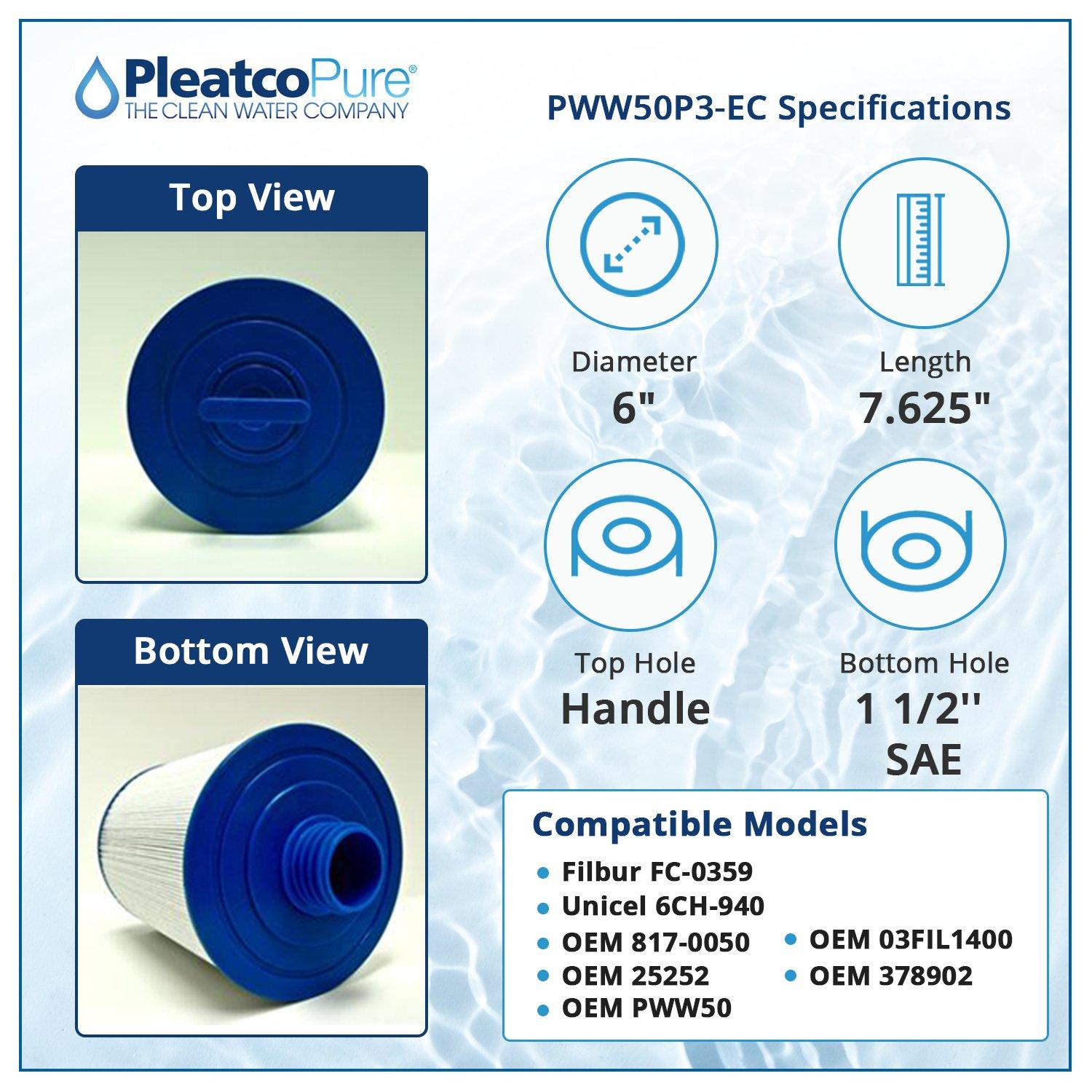 Pleatco  PWW50P3-EC Spa Filter Cartridge Replacement for Unicel 6CH-940 Filbur FC-0359 OEM Part Numbers 817-0050 03FIL1400 25252 378902 PWW50