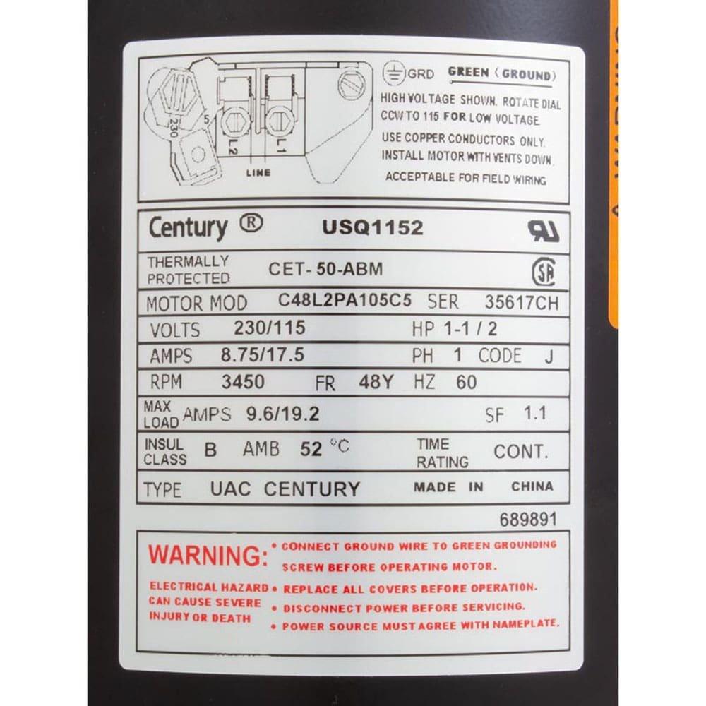 Century A.O Smith  EUSQ1152 Square Flange 1-1/2 HP Up-Rated 48Y Pool Motor
