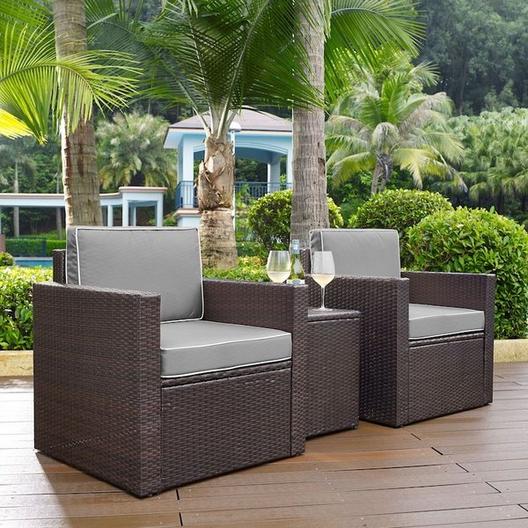 Crosley  Palm Harbor 3-Piece Set with Two Armchairs Side Table and Gray Cushions
