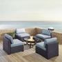 Biscayne 5-Piece Wicker Set with 4 Chairs, White Cushions & Firepit