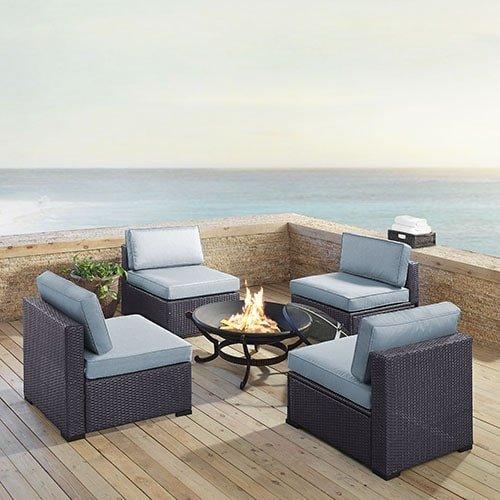 Crosley  Biscayne 5-Piece Wicker Set with 4 Chairs White Cushions  Firepit