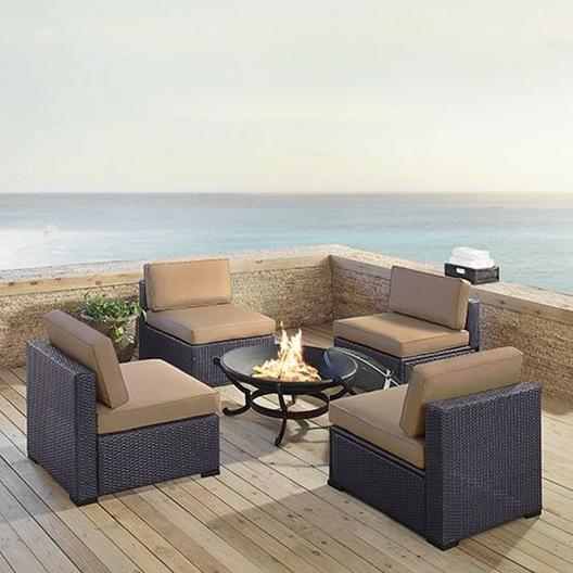 Crosley  Biscayne 5-Piece Wicker Set with 4 Chairs White Cushions  Firepit