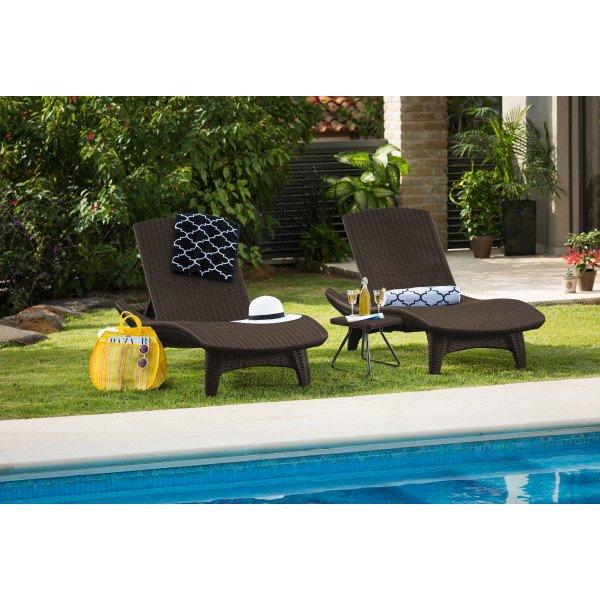 Pacific Whiskey Brown Patio Chaise Loungers with Side Table, 3-Piece Set