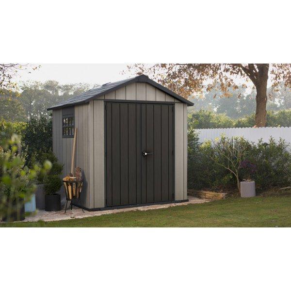 Keter  Oakland 7.5x7 Ft Large Resin Outdoor Shed with Customizable Walls Brown