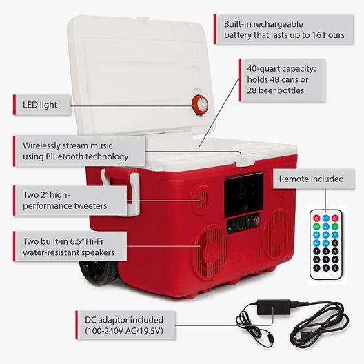 Sondpex  KoolMax 40 Quart Wheeled Cooler Bluetooth Audio and Charging Station  Red