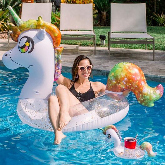 Pool Candy  Unicorn Glitter Pool Float with Drink Holder