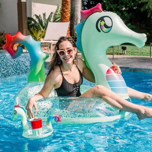 Pool Candy  Seahorse Glitter Pool Float with Drink Holder
