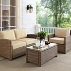 Crosley  Bradenton 3-Piece Wicker Conversation Set with Loveseat Arm Chair and Glass Top Table