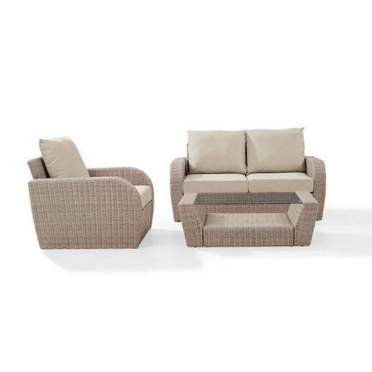Crosley  St Augustine 3-Piece Wicker Set and Mist Cushions with Loveseat Armchair and Coffee Table
