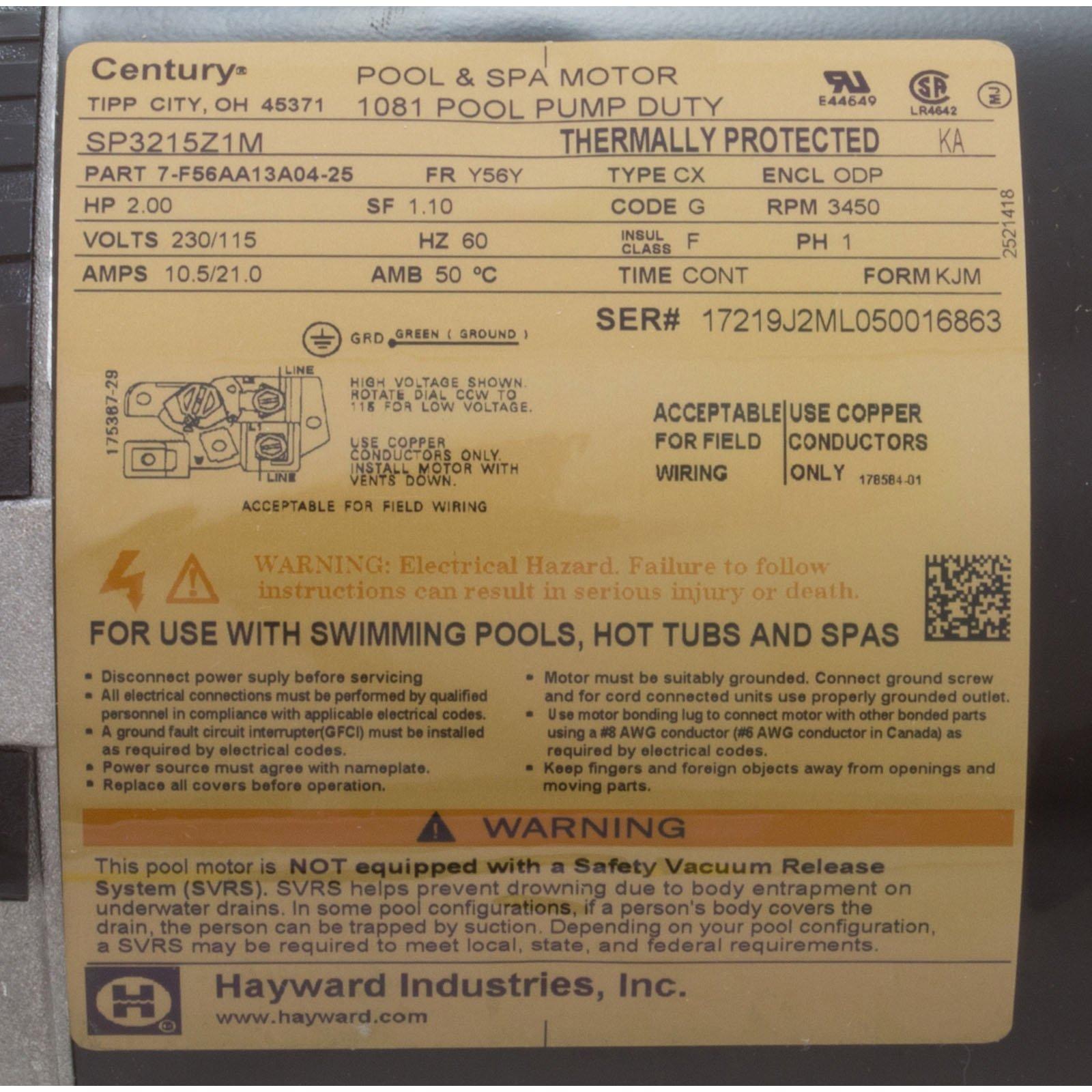 Hayward  Power End Pool Motor for 2HP 1-Speed Tristar Pool Pump Max Rate