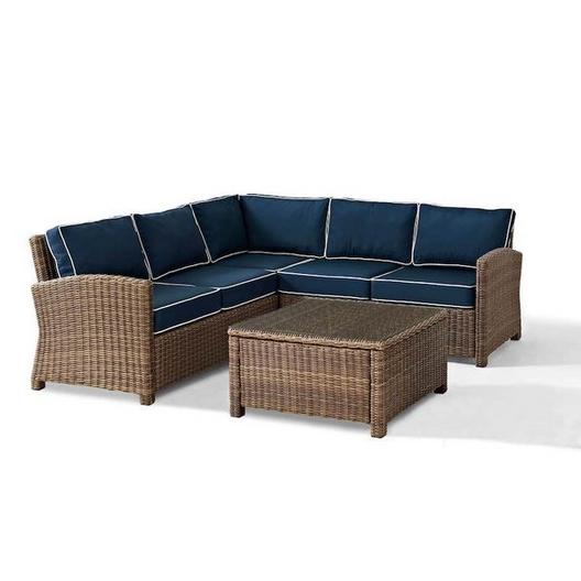 Crosley  Bradenton 4-Piece Wicker Sectional Set with Sangria Cushion Two Loveseats One Corner Chair and Glass Top Table