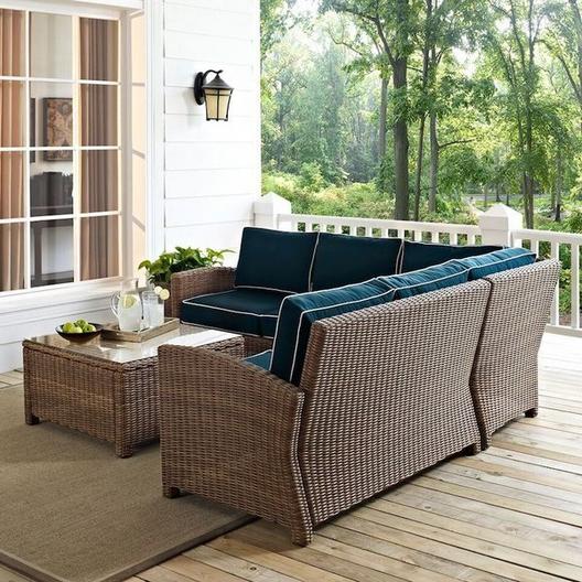 Crosley  Bradenton 4-Piece Wicker Sectional Set with Sangria Cushion Two Loveseats One Corner Chair and Glass Top Table