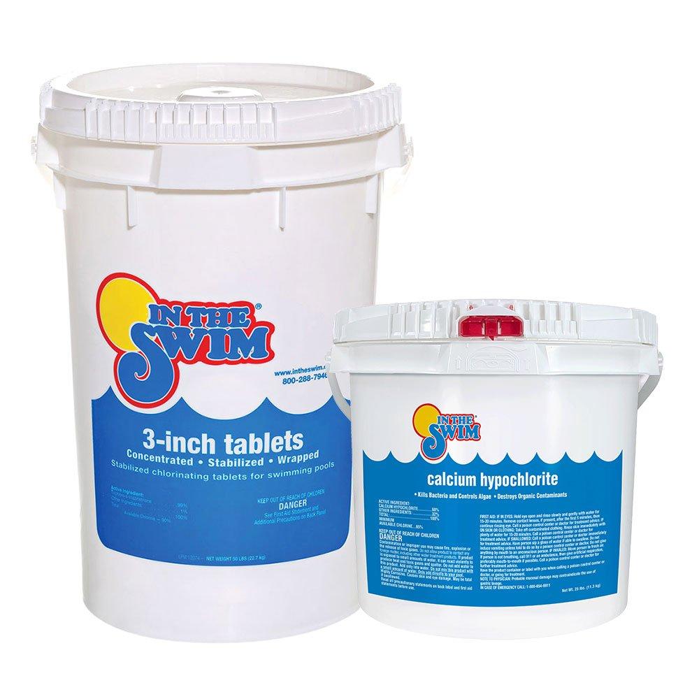 In The Swim  Sanitize  Shock Bundle  3 Inch Chlorine Tablets 50 lbs and Calcium Hypochlorite Pool Shock 25 lbs.