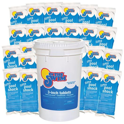 In The Swim  Sanitize  Shock Bundle  3 Inch Chlorine Tablets 50 lbs and Super Pool Shock 24 x 1 lb Bags