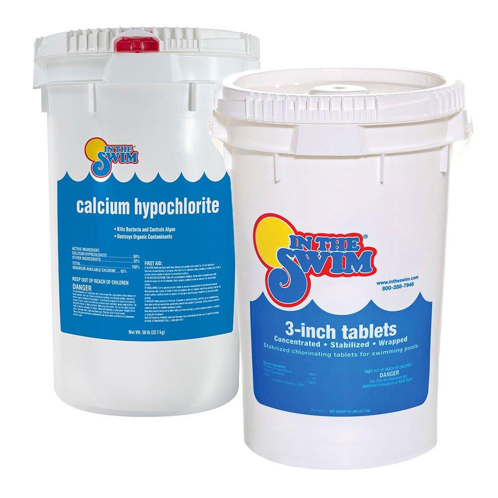 In The Swim  Sanitize  Shock Bundle  3 Inch Chlorine Tablets 50 lbs and Calcium Hypochlorite Pool Shock 50 lbs.