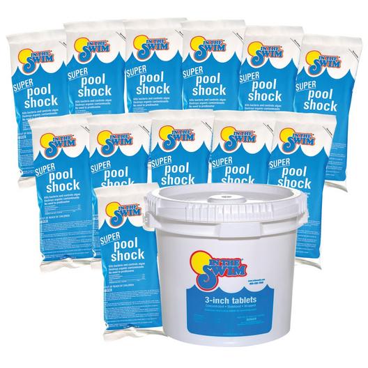 In The Swim  Sanitize  Shock Bundle  3 Inch Chlorine Tablets 25 lbs and Super Pool Shock 12 x 1 lb Bags