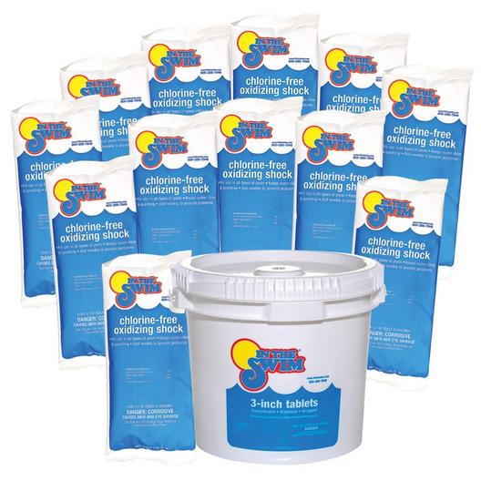 In The Swim  Sanitize  Shock Bundle  3 Inch Chlorine Tablets 25 lbs and Chlorine-Free Pool Shock 12 x 1 lb Bags