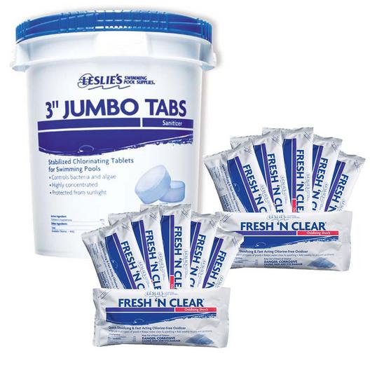 Leslie's  3 in Jumbo Chlorine Tabs 35 lbs Bucket and Fresh N Clear Pool Shock 12 x 1 lb Bags Bundle