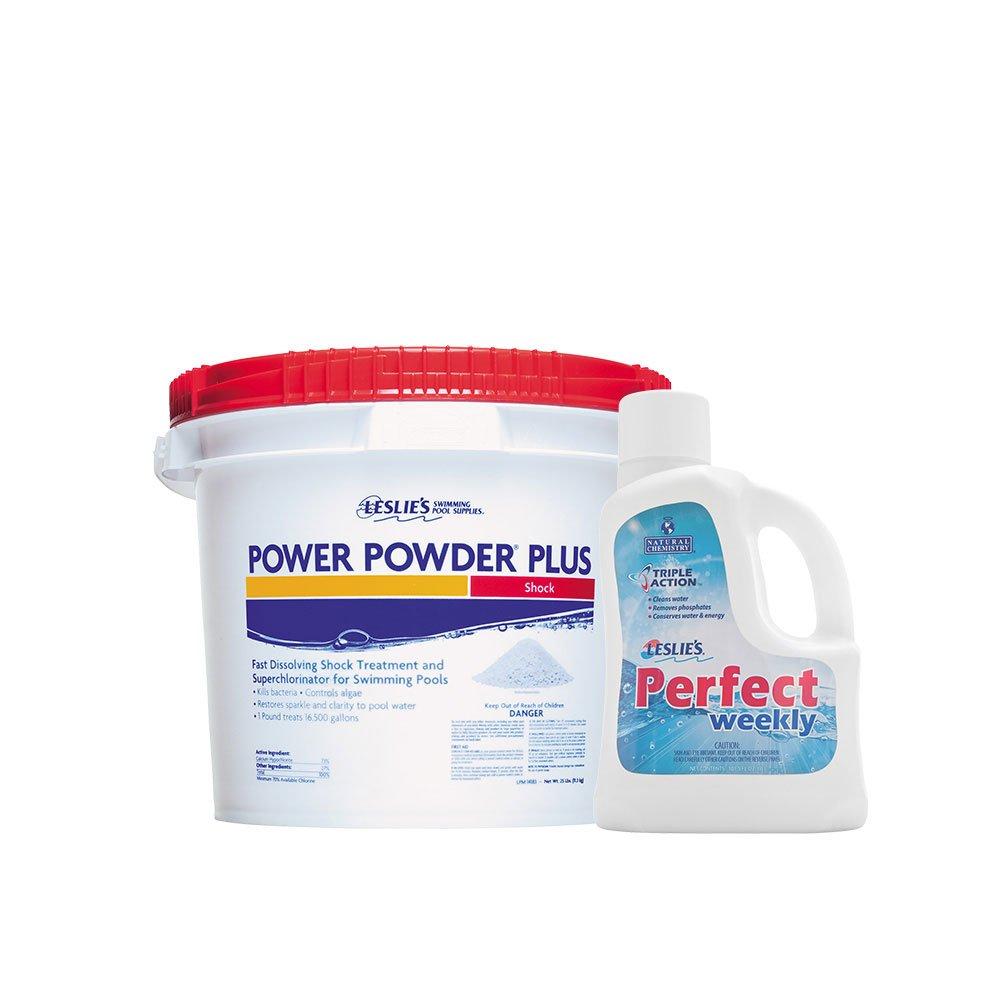 Leslie's  Power Powder Plus Calcium Hypochlorite Pool Shock 25 lbs Bucket and Perfect Weekly Triple Action Phosphate Remover 3 L Bundle