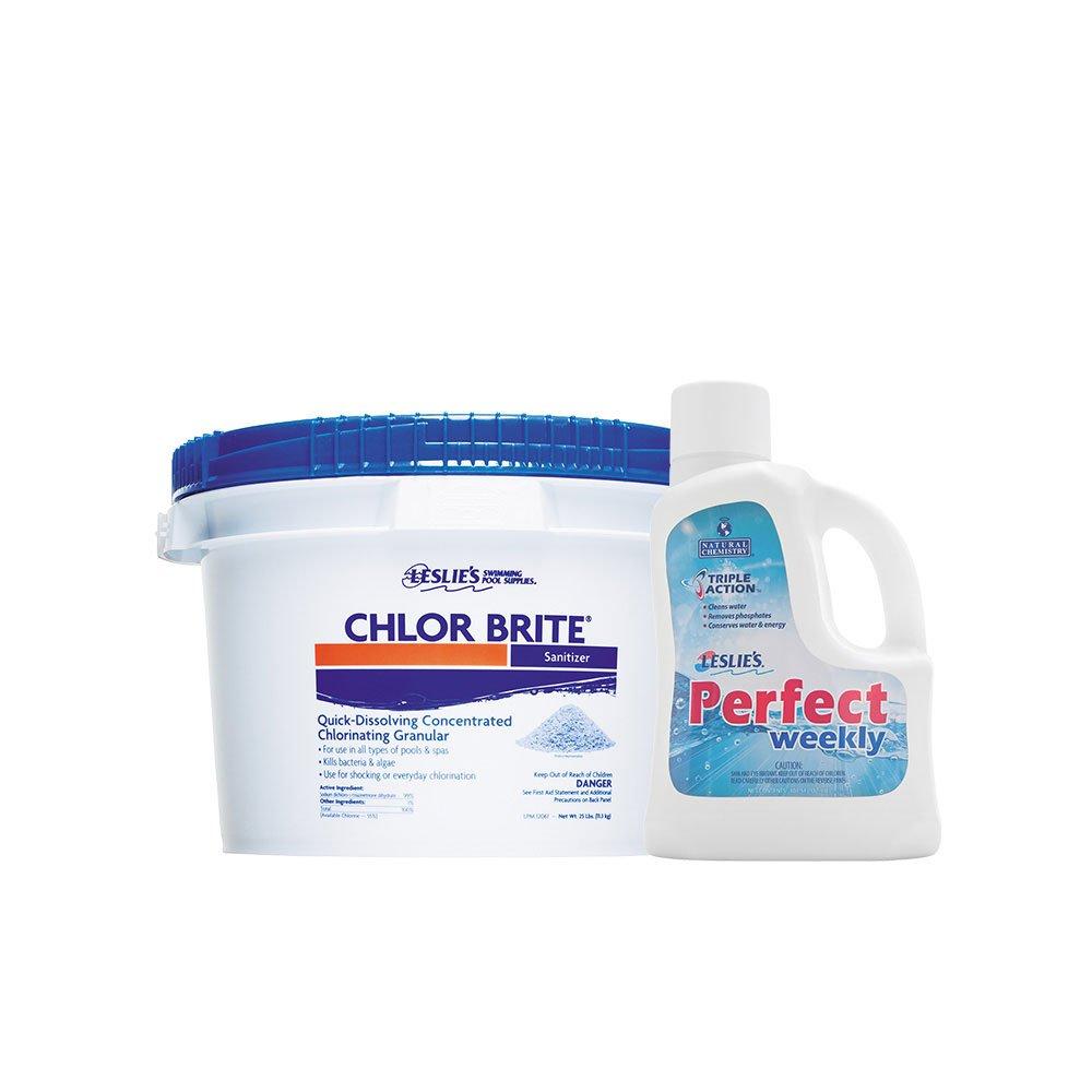 Leslie's  Chlor Brite Sodium Dichlor Granular Chlorine Pool Shock 25 lbs Bucket and Perfect Weekly Triple Action Phosphate Remover 3 L Bundle