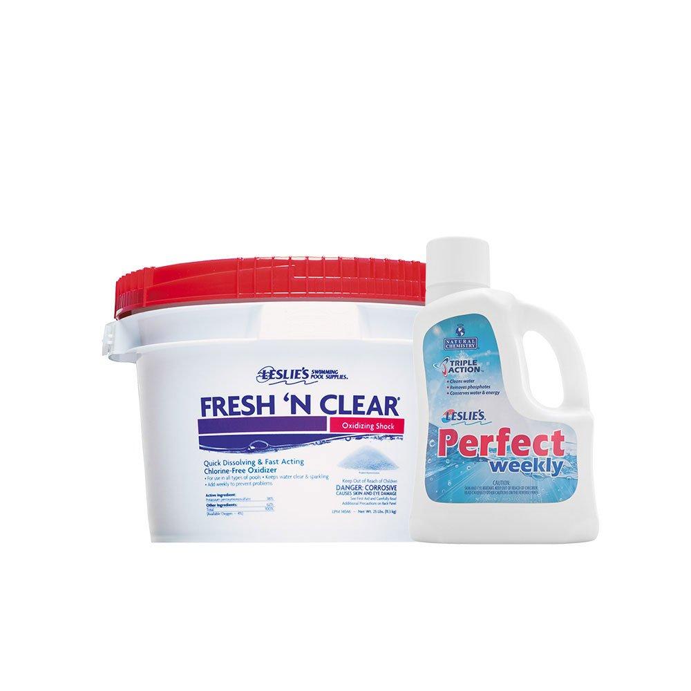Leslie's  Fresh 'N Clear Non-Chlorine Oxidizing Pool Shock 25 lbs Bucket and Perfect Weekly Triple Action Phosphate Remover 3 L Bundle