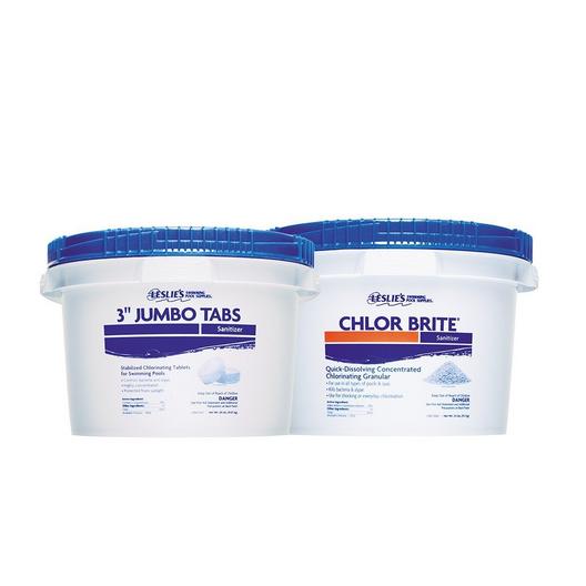 Leslie's  3 in Jumbo Chlorine Tabs 20 lbs Bucket and Chlor Brite Granular Chlorine Pool Shock 25 lbs Bucket Bundle
