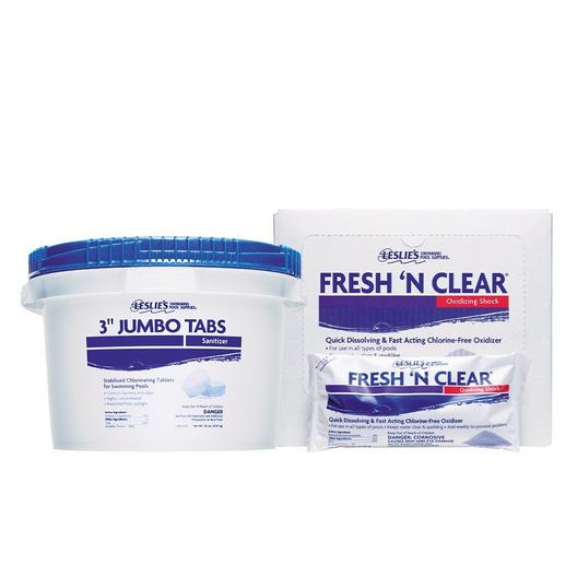 Leslie's  3 in Jumbo Chlorine Tabs 20 lbs Bucket and Fresh 'N Clear Non-Chlorine Pool Shock 12 x 1 lb Bags Bundle