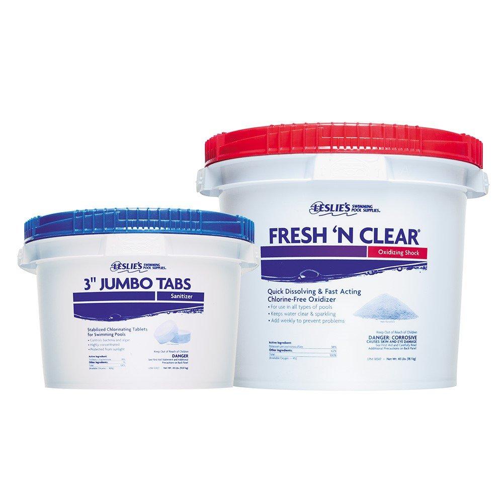 Leslie's  3 in Jumbo Chlorine Tabs 20 lbs Bucket and Fresh 'N Clear Non-Chlorine Pool Shock 40 lbs Bucket Bundle